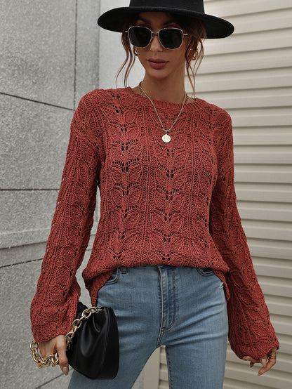Autumn Winter Knitted Solid Color Crocheted Hollow-out Pullover round Neck Loose Sweater for Women
