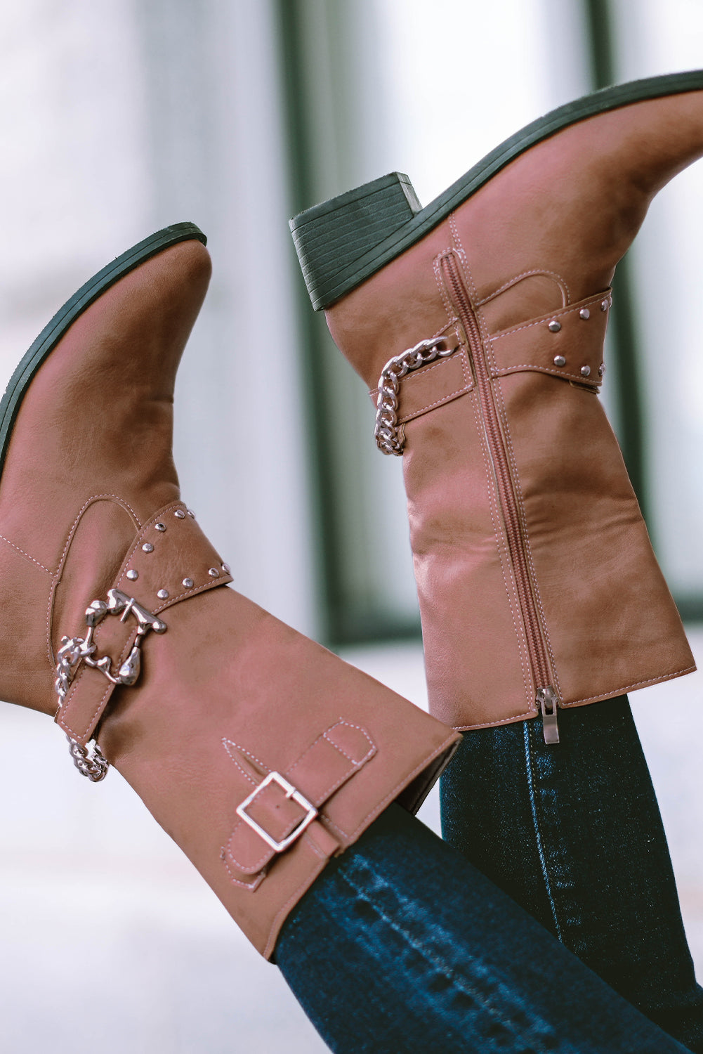 Apricot Pink Buckle Chain Decor Zipped Boots