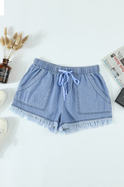 Black Casual Drawstring Pocketed Frayed Hem Denim Shorts