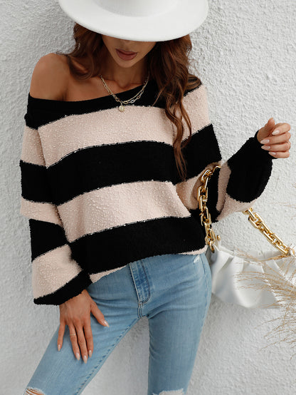 Winter Women Stitching Color Striped Sweater Pullover Loose Sweater for Women