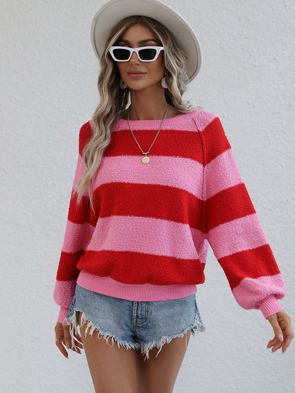 Winter Women Stitching Color Striped Sweater Pullover Loose Sweater for Women
