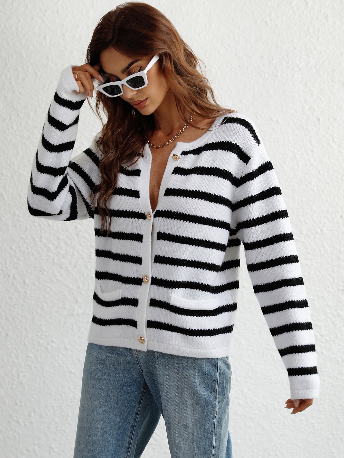 Autumn Winter Striped Loose Women Clothing Sweater Women Single Breasted Cardigan Sweater