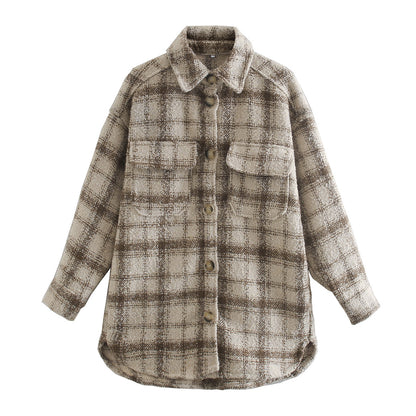 Autumn Winter Plaid Woolen Loose Lapels Two-Color Coat for Women