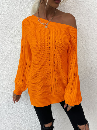 Autumn Winter off-Neck Solid Color Personalized Hollowed Knitwear Pullover Crew Neck Sweater