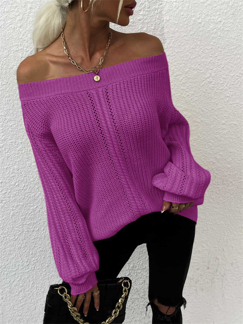 Autumn Winter off-Neck Solid Color Personalized Hollowed Knitwear Pullover Crew Neck Sweater