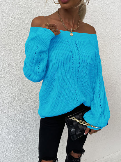 Autumn Winter off-Neck Solid Color Personalized Hollowed Knitwear Pullover Crew Neck Sweater