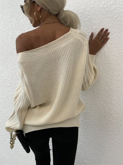 Autumn Winter off-Neck Solid Color Personalized Hollowed Knitwear Pullover Crew Neck Sweater