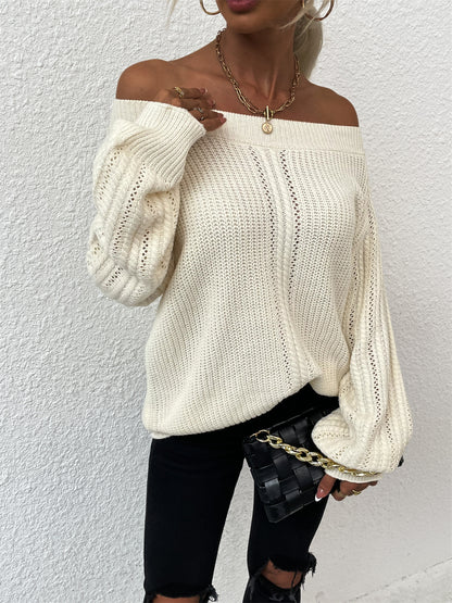 Autumn Winter off-Neck Solid Color Personalized Hollowed Knitwear Pullover Crew Neck Sweater