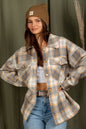 Women Autumn Winter Plaid Jacket Collared Button Pocketed Shirts Coats Shacket Loose Outwear Plaid Coats