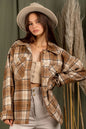 Women Autumn Winter Plaid Jacket Collared Button Pocketed Shirts Coats Shacket Loose Outwear Plaid Coats