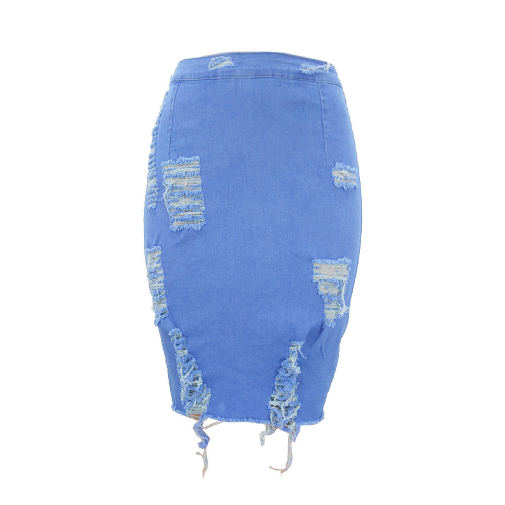 Spring Summer  Ripped Internet Celebrity Denim Skirt Women Hip-Wrapped Skirt