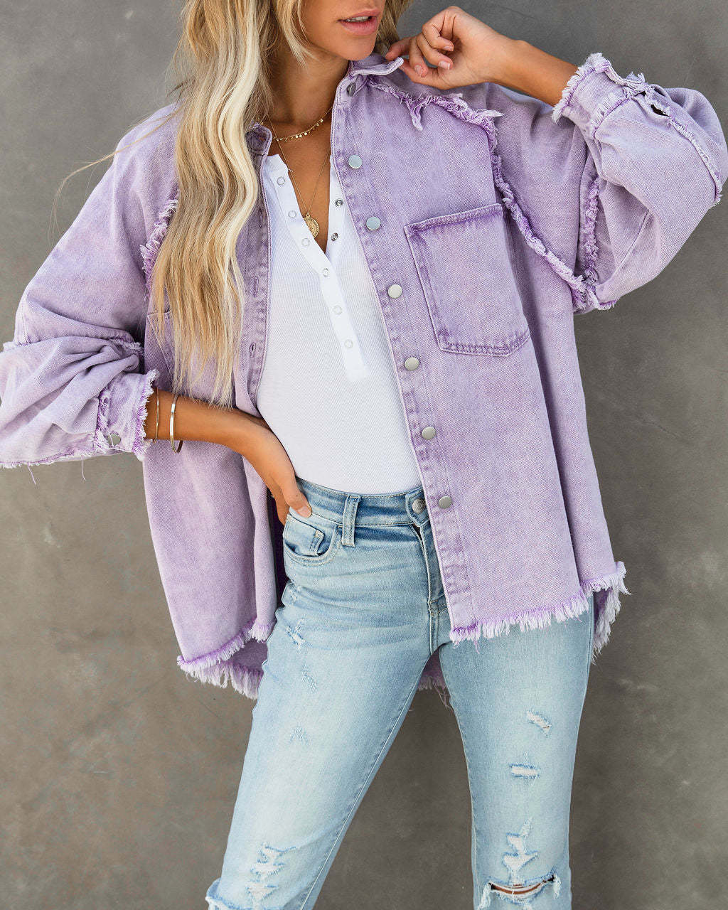 Autumn Winter Women Street Hipster Water Washed Hole Loose All Matching Frayed Hem Denim Jacket