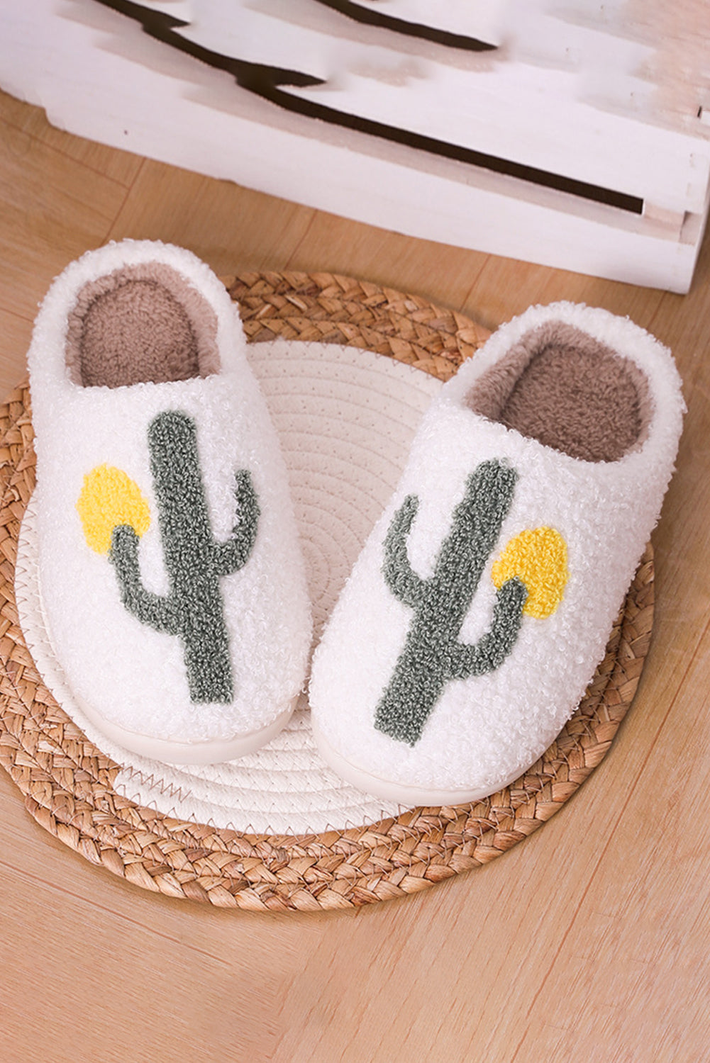 White Fuzzy Cactus Pattern Winter Home Slippers