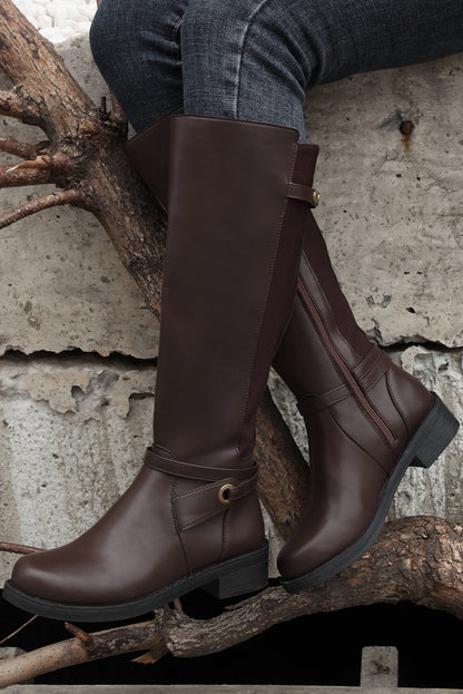 Brown Buckle Decor Leather Zipper Round Toe Boots