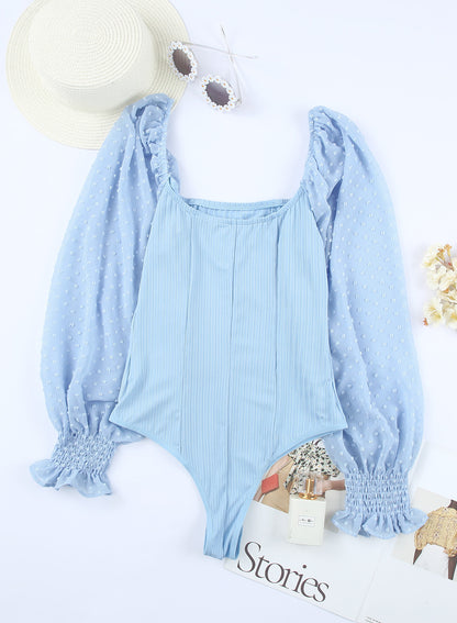 Blue Swiss Dot Square Neck Long Sleeve Bodysuit