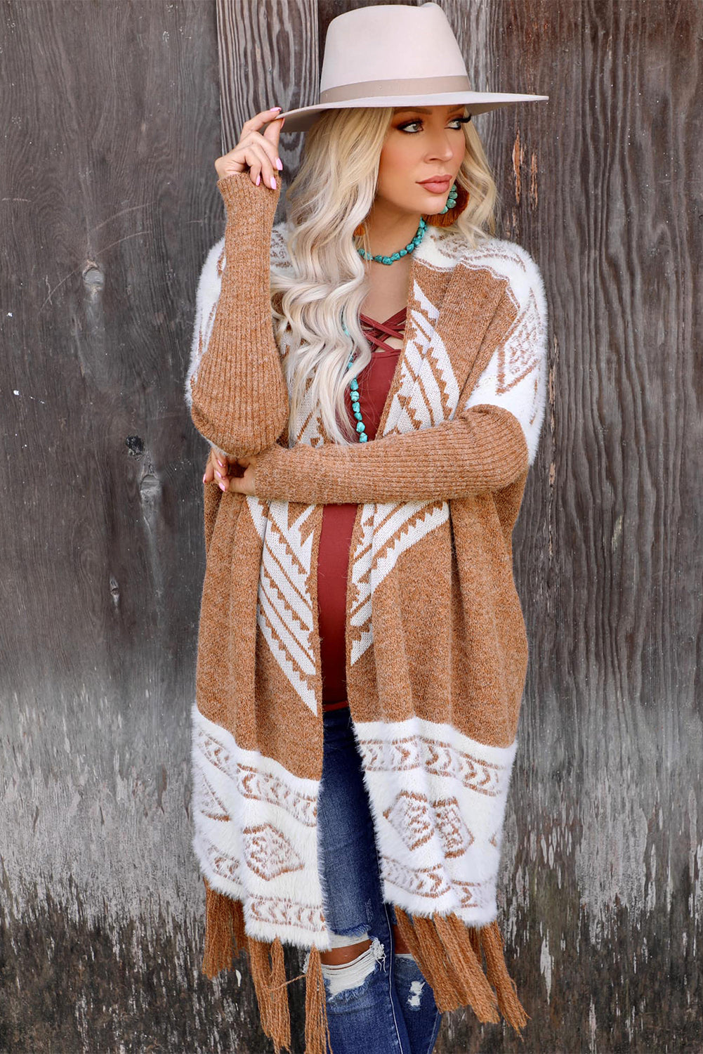 Brown Colorblock Furry Knit Tassel Hem Cardigan