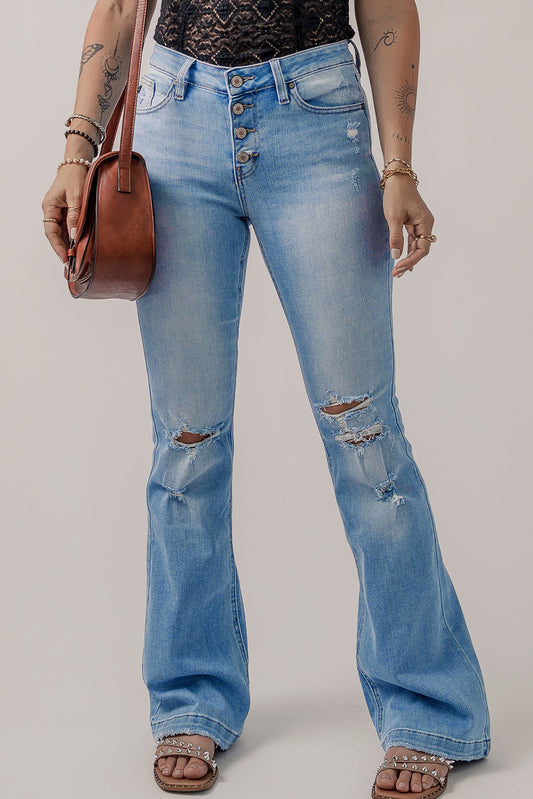 Beau Blue High Waist Button Front Ripped Flare Jeans