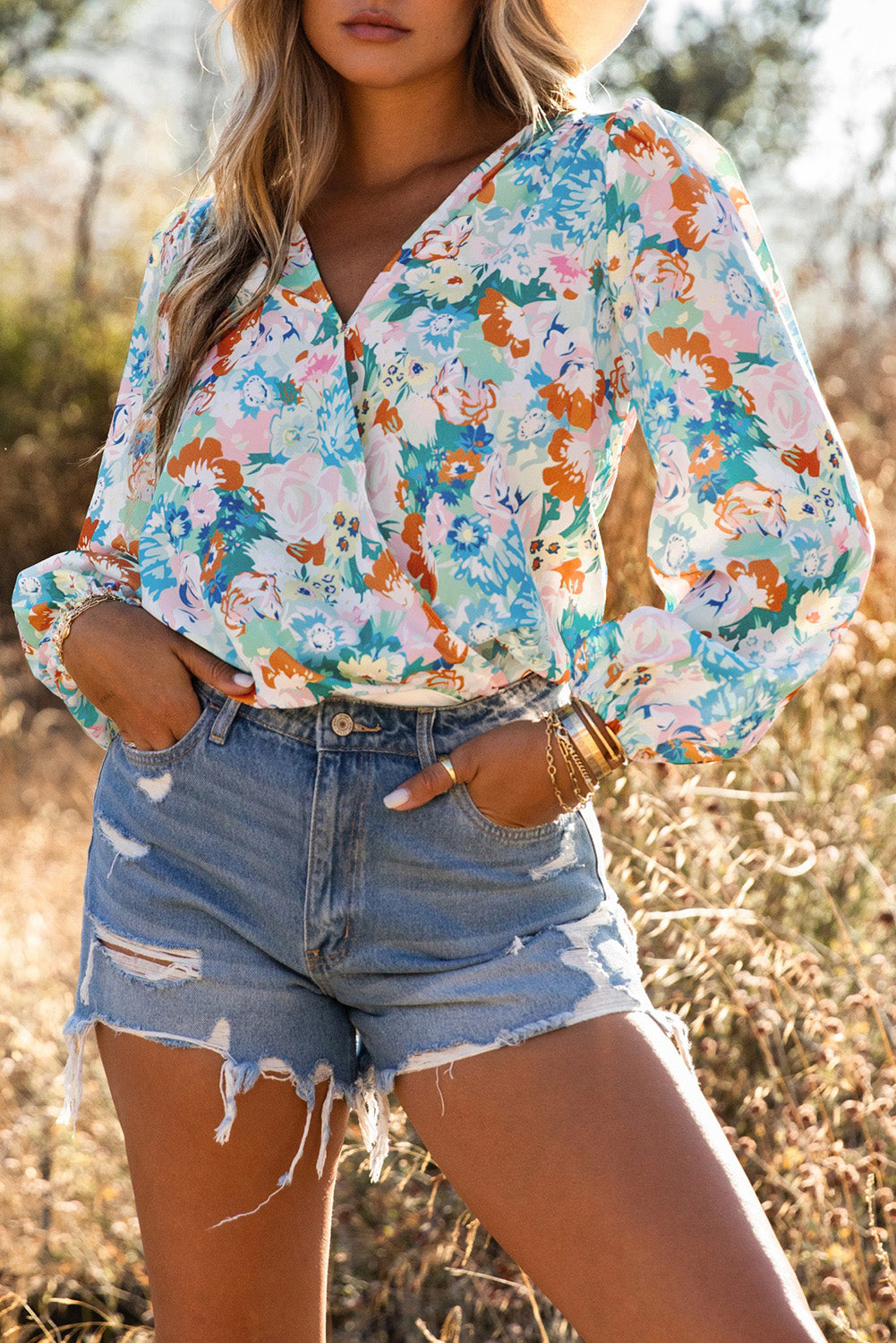 Light Blue Floral Print Boho Wrap V Neck Puff Sleeve Bodysuit