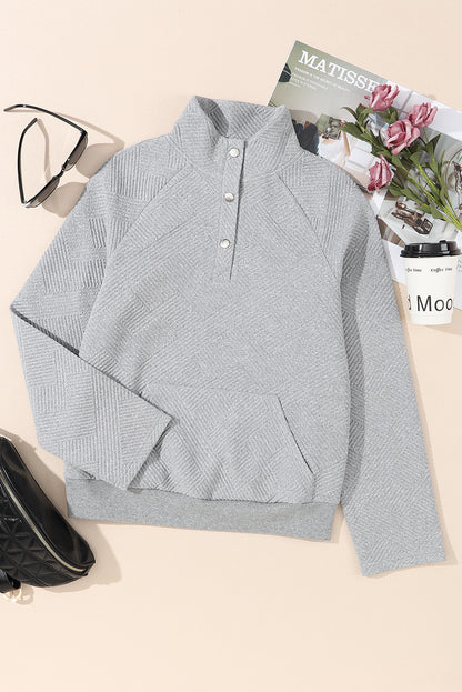 Light Grey Textured Knit Buttoned Kangaroo Pocket Sweatshirt