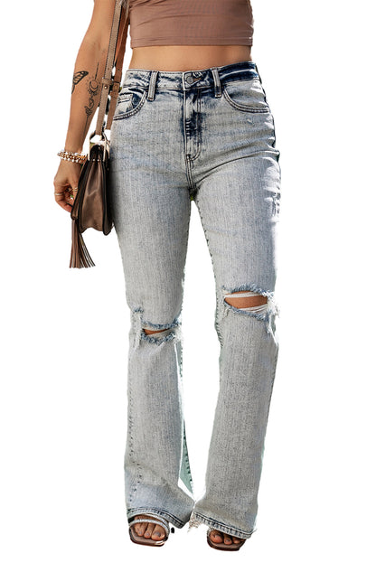 Light Blue Distressed Washed Slit Knee Flared Jeans