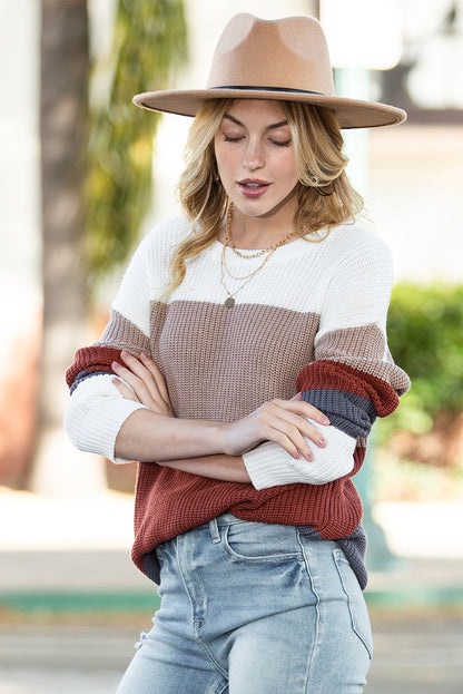 Chestnut Color Block Casual Knit Pullover Sweater