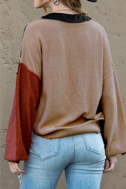 Brown Colorblock Bishop Sleeve Exposed Seam Ribbed Trim Sweater