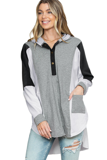 Black Color Block Snap Button Oversized Pullover Hoodie