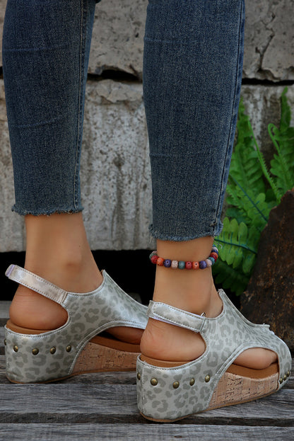 Leopard Pattern Cut Out Wedge Sandals