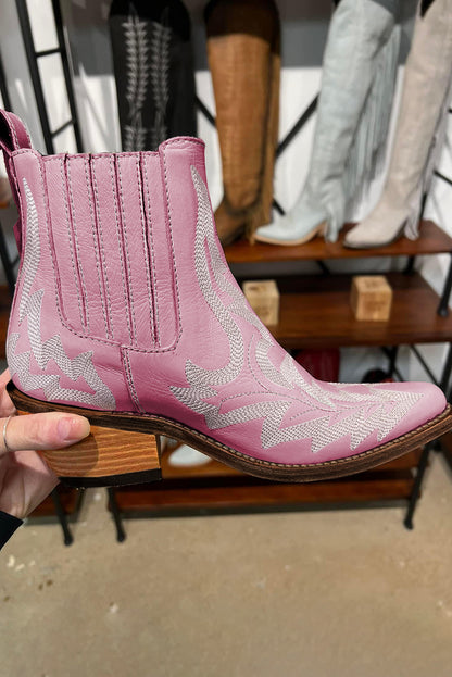 White Embroidered Leather Thick Heel Booties