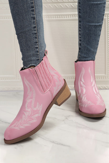White Embroidered Leather Thick Heel Booties