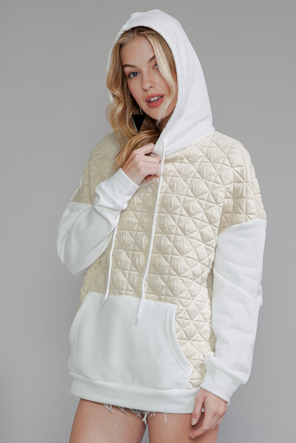 Light Grey Drop Shoulder Kangaroo Pocket Patchwork Quilted Hoodie