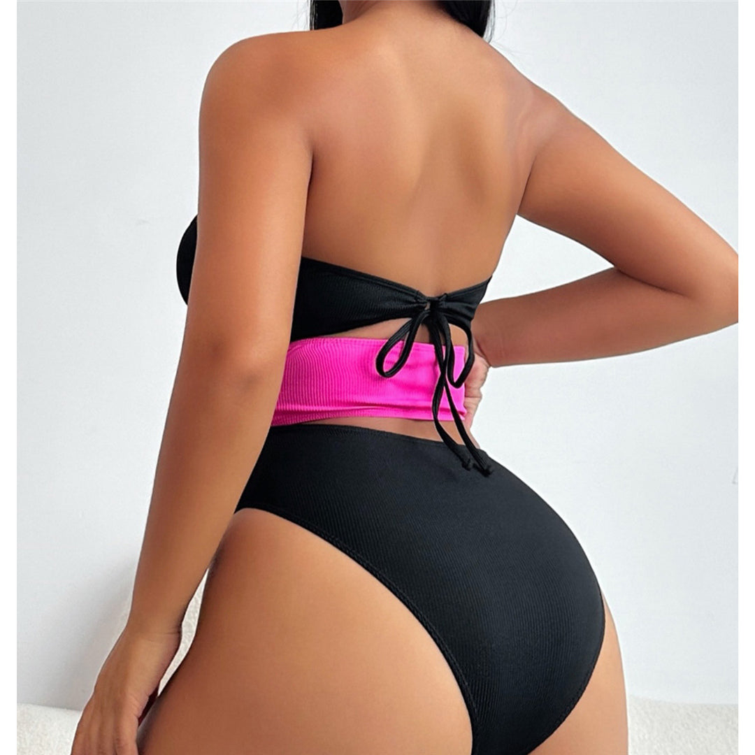 Victoria Splicing Cut Out Bandeau Metal Rings One Piece Swimsuit