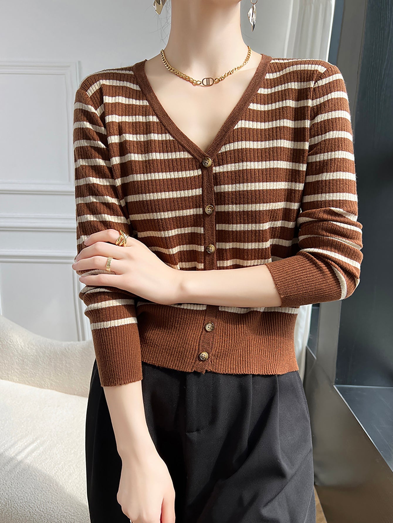 Sylvia Woman V Neck Striped Sweater