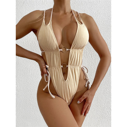 Donna Deep V Neck Halter High Leg Cut One Piece Swimsuit