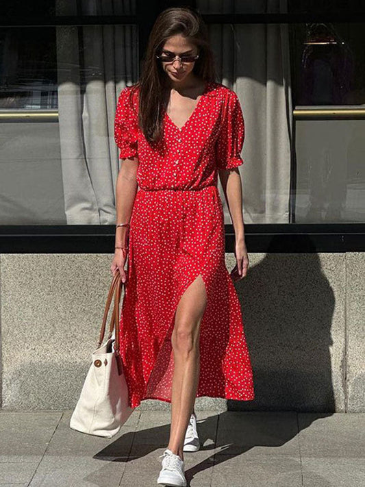 Vanessa Polka Dot Color Block Slit Long Dress