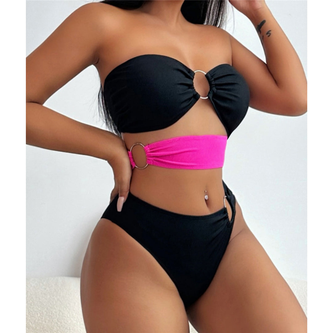 Victoria Splicing Cut Out Bandeau Metal Rings One Piece Swimsuit