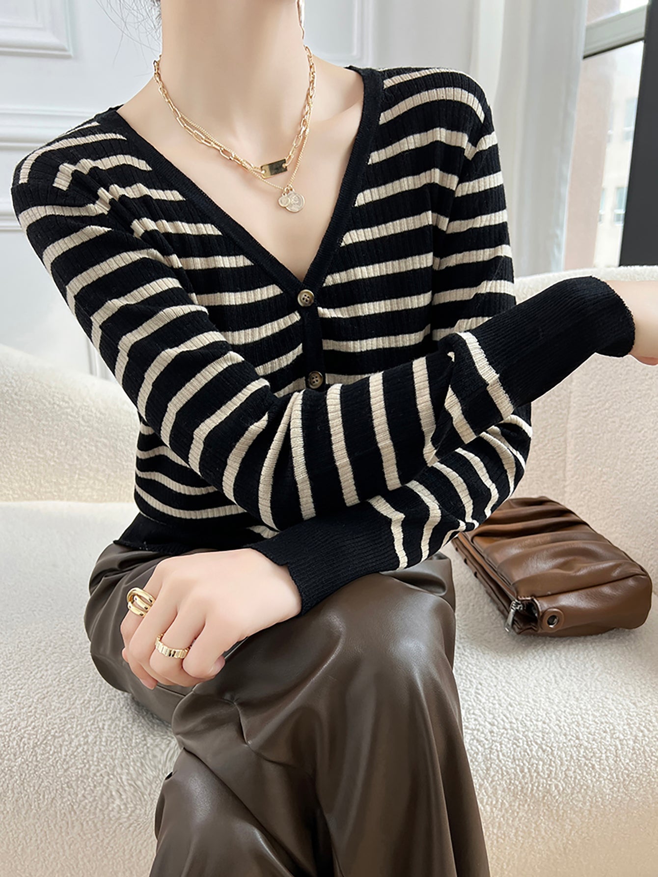 Sylvia Woman V Neck Striped Sweater