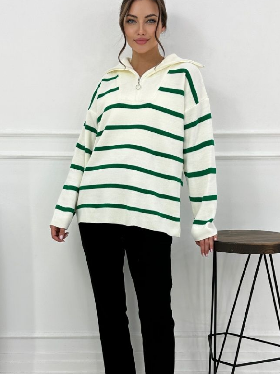 Helena Woman Zip Up Striped Patchwork Sweater