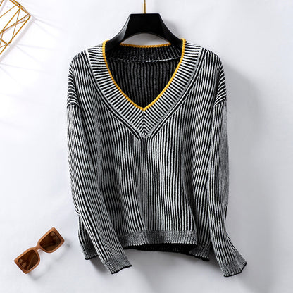 V neck Striped Sweaters Women Clothing Autumn Winter Casual Pullover Loose Sweater