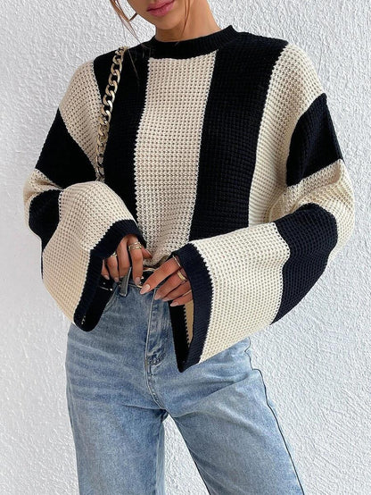 Autumn Winter Western Knitted Sweater Top Round Neck Striped Niche Sweater Coat Women