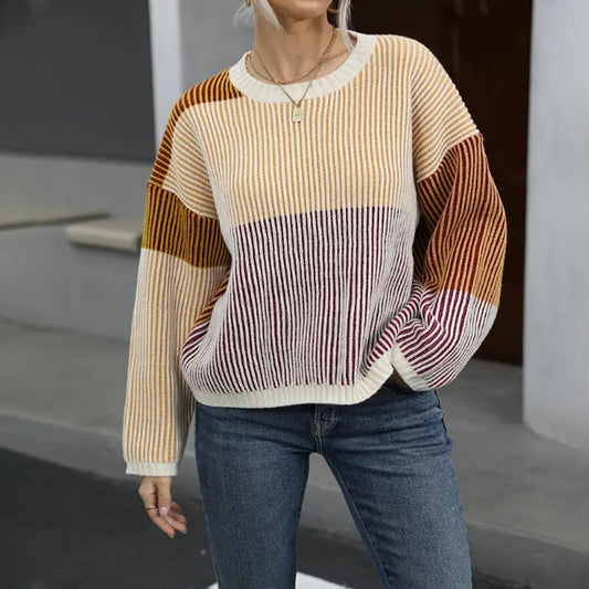 Autumn Winter Knitwear Women Round Neck Striped Loose Top Sweater for Women