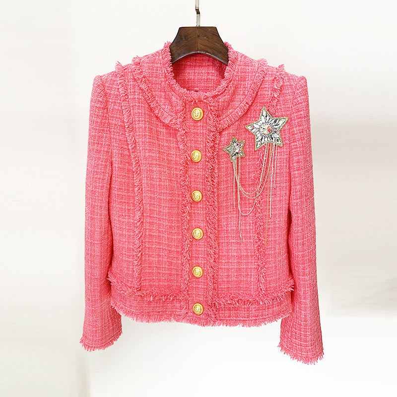 Autumn Winter Stars Bead Badge Rose Pink Tweed Woolen Jacket Coat