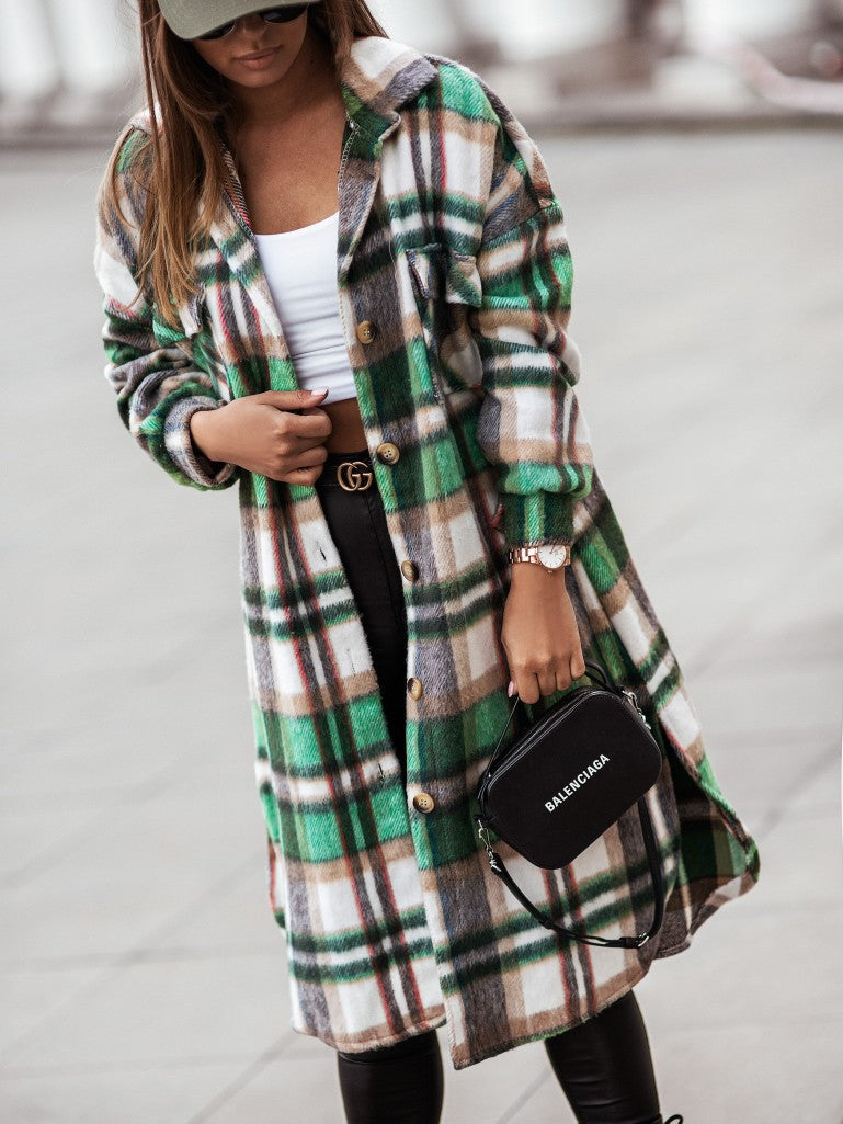 Autumn Winter Polo Collar Single-Breasted Long Sleeve Plaid Shacket Coat