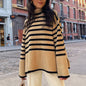 Autumn Winter Women Clothing Turtleneck Knitting Striped Slit Sweater Top