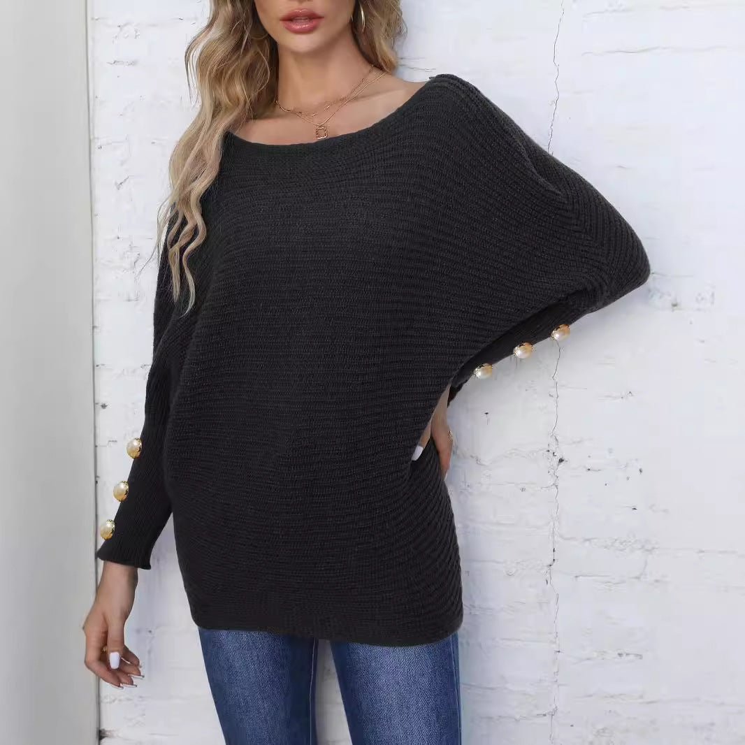 Women Pullover Woven Sweater Autumn Winter Women Pearl Button Batwing Sleeve off Neck Loose Sweater