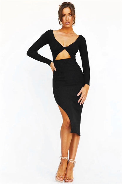 Trendy Brand Sexy Women Clothing Front Back Wearable Threaded Long Sleeve Tight Split Dress