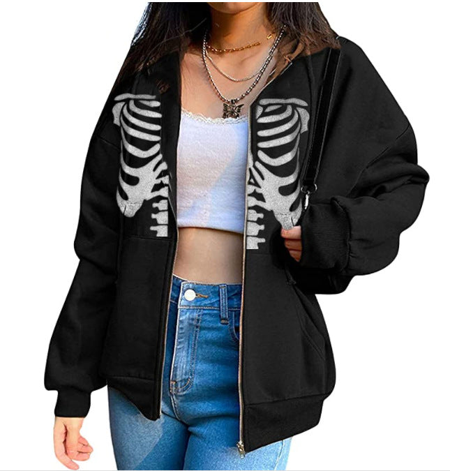 Spring Autumn Casual Hoodie Halloween Skull Print Pullover Double Hooded Top Women