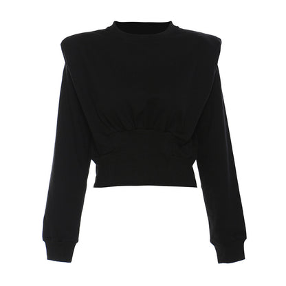 Personality Padded Shoulder Armor Short Long Sleeve Crew Neck Sweater Women