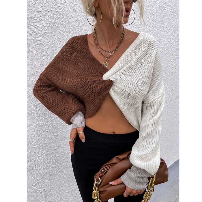 Autumn Winter Knot Color Matching cropped V neck Pullover Sweater Women