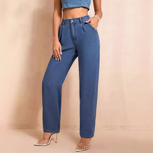 Women Clothing Fashionable Simple Casual High Waist Straight Leg Denim Trousers